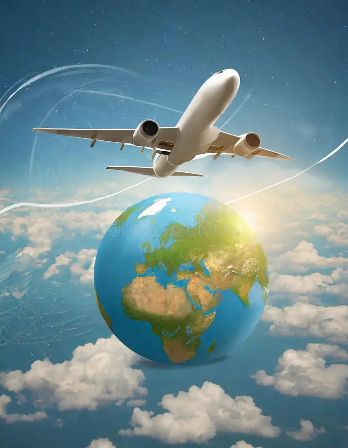 airplane flying around world generative ai 304871756
